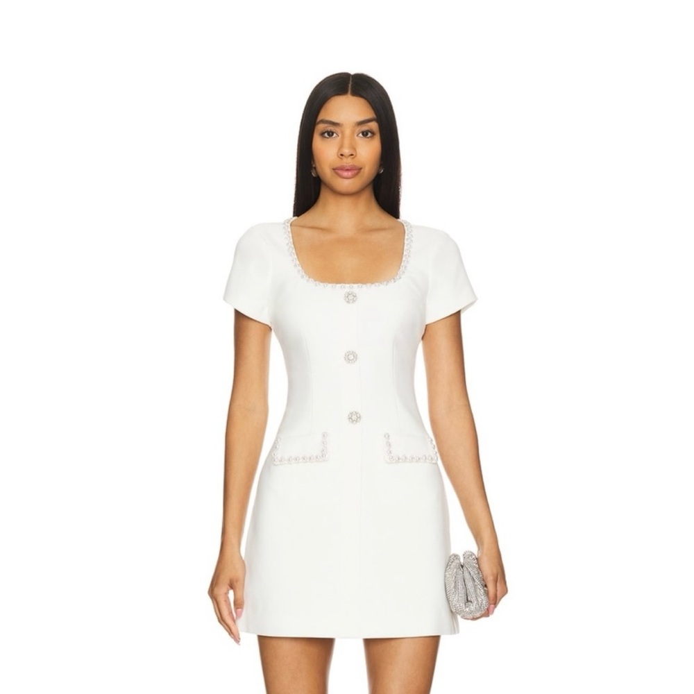Likely Sergio White Mini Dress Short Sleeve Crystal Pearl Embellished